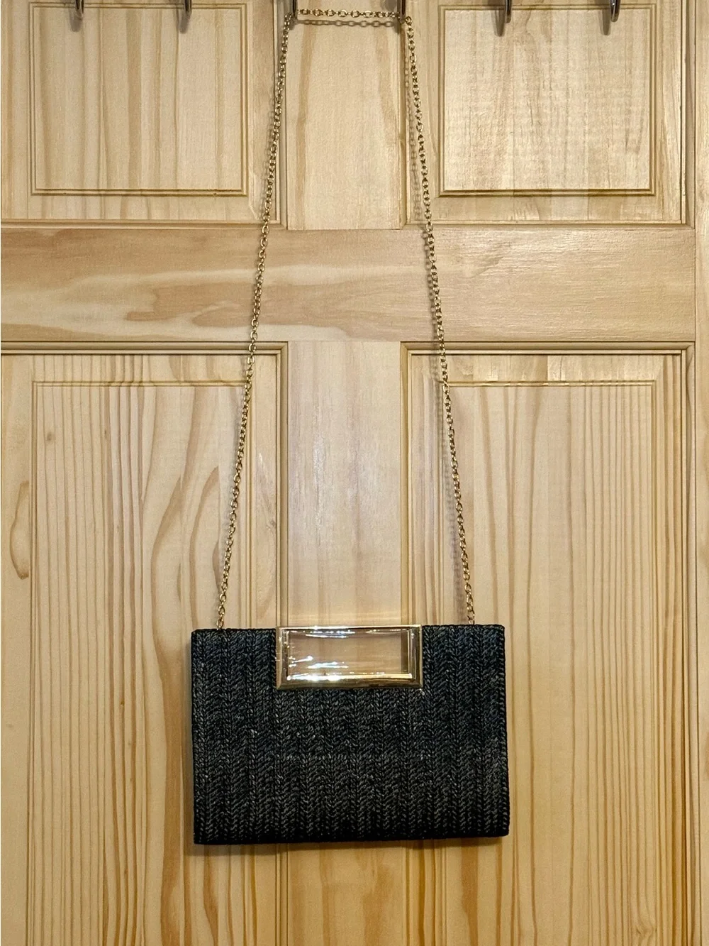 New Black Raffia clutch with gold handle and gold removable chain